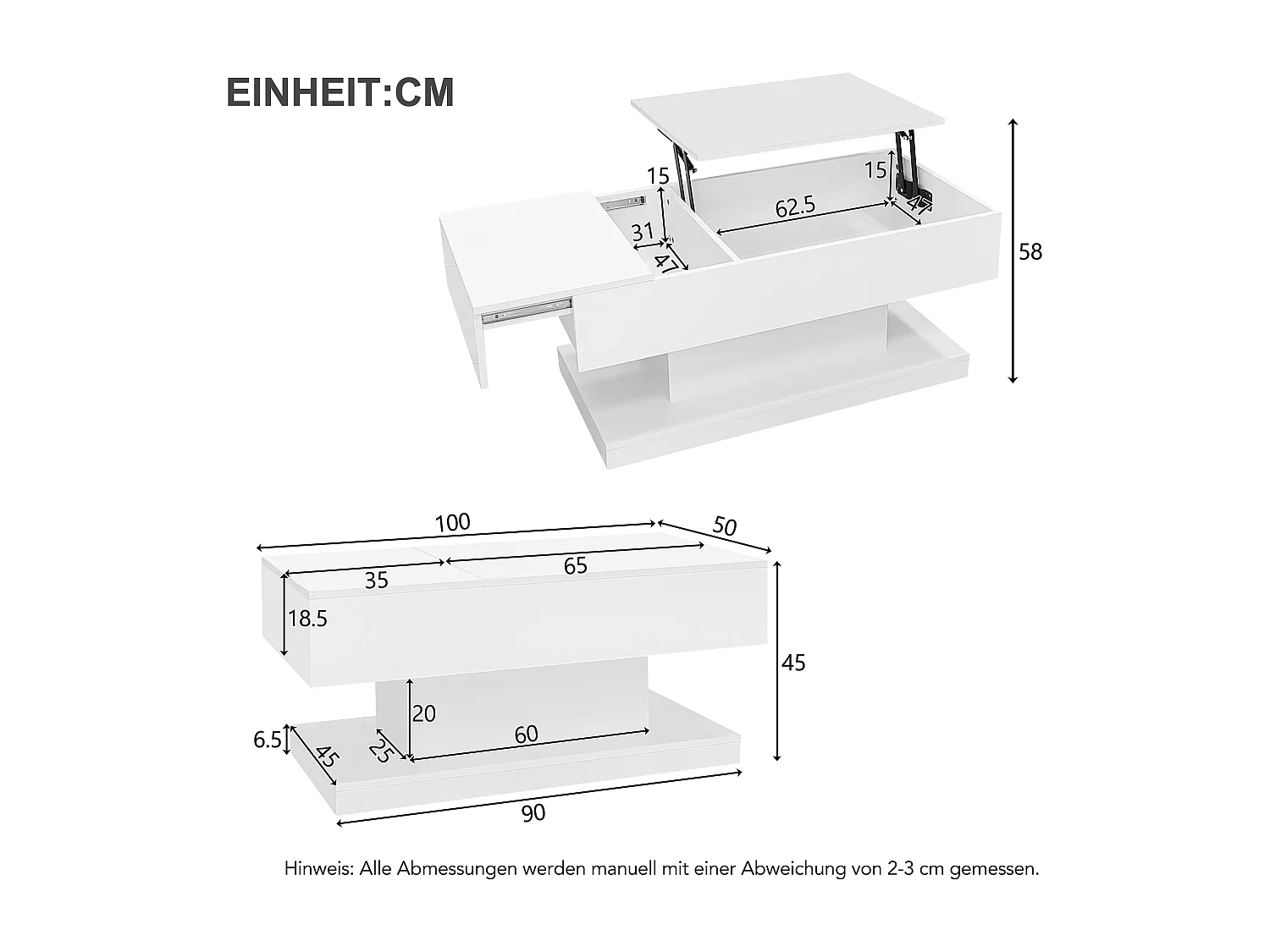 Table basse laquée avec levage hydraulique et éclairage LED – Design avec plateau semi-relevable et rangement intégré