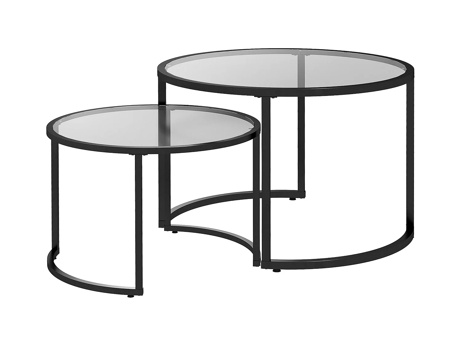 Ensemble de 2 tables basses avec structure en acier noir et plateau en verre trempé, partiellement empilables pour salon et lounge