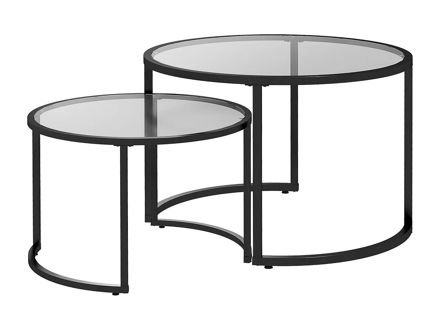 Ensemble de 2 tables basses avec structure en acier noir et plateau en verre trempé, partiellement empilables pour salon et lounge