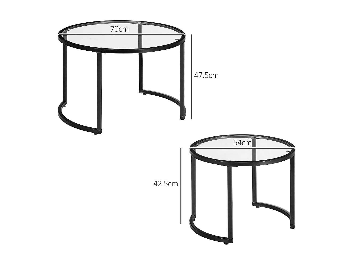 Ensemble de 2 tables basses avec structure en acier noir et plateau en verre trempé, partiellement empilables pour salon et lounge