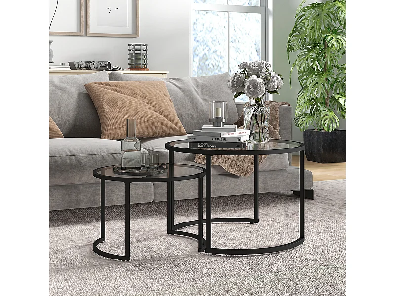 Ensemble de 2 tables basses avec structure en acier noir et plateau en verre trempé, partiellement empilables pour salon et lounge