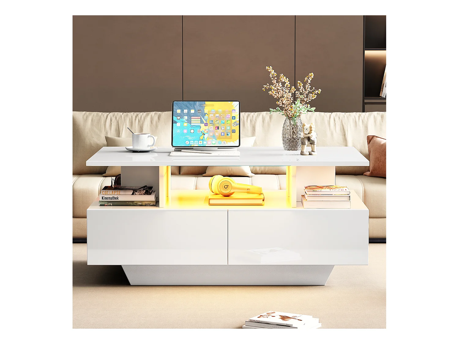 Table basse moderne haute brillance avec LED et 2 tiroirs, 90×55×41 cm, espace de rangement, capacité max 30 kg, design stylé.