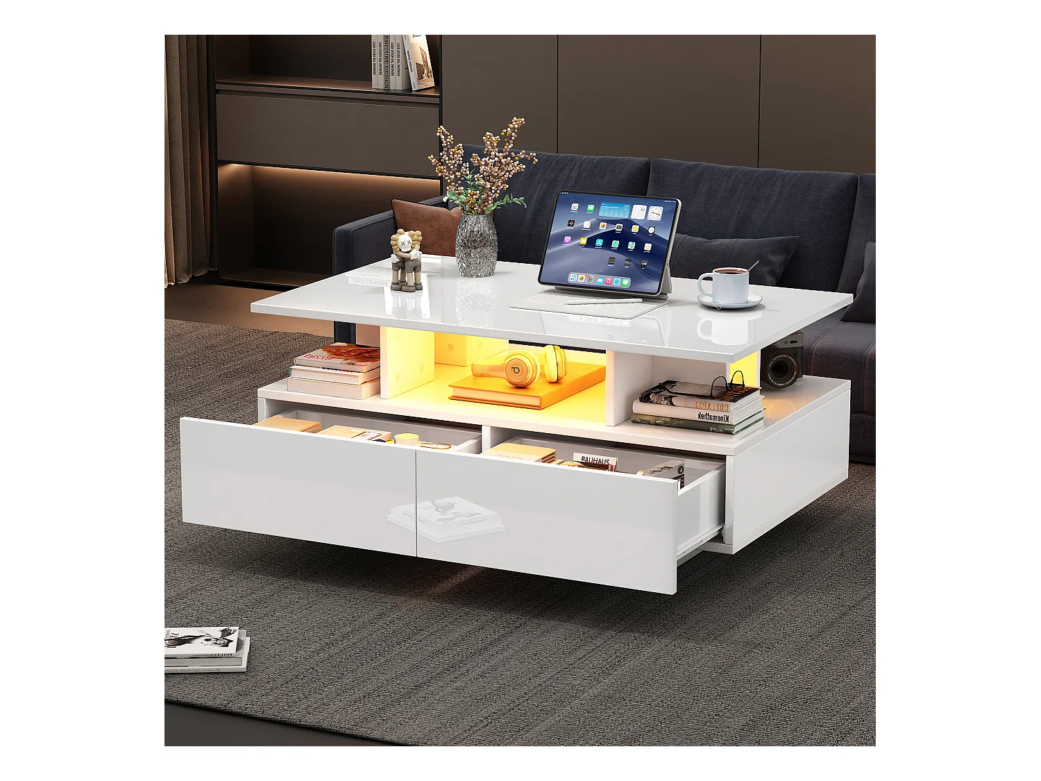 Table basse moderne haute brillance avec LED et 2 tiroirs, 90×55×41 cm, espace de rangement, capacité max 30 kg, design stylé.