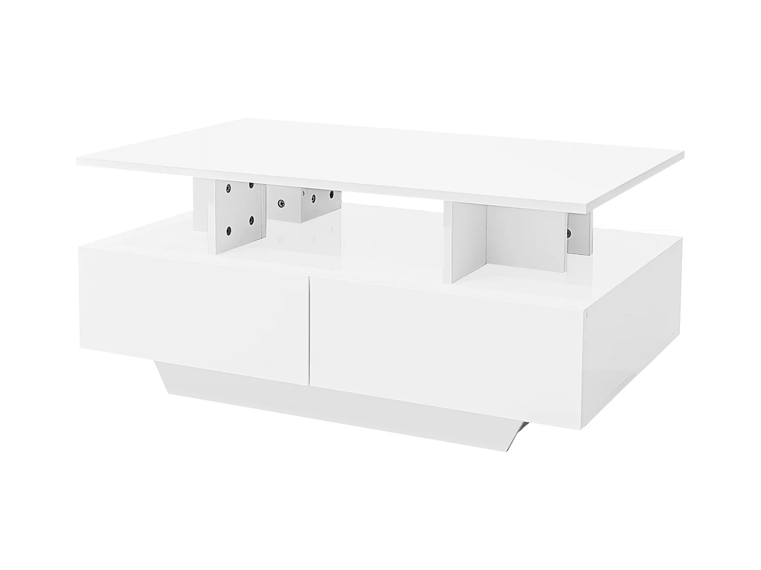 Table basse moderne haute brillance avec LED et 2 tiroirs, 90×55×41 cm, espace de rangement, capacité max 30 kg, design stylé.