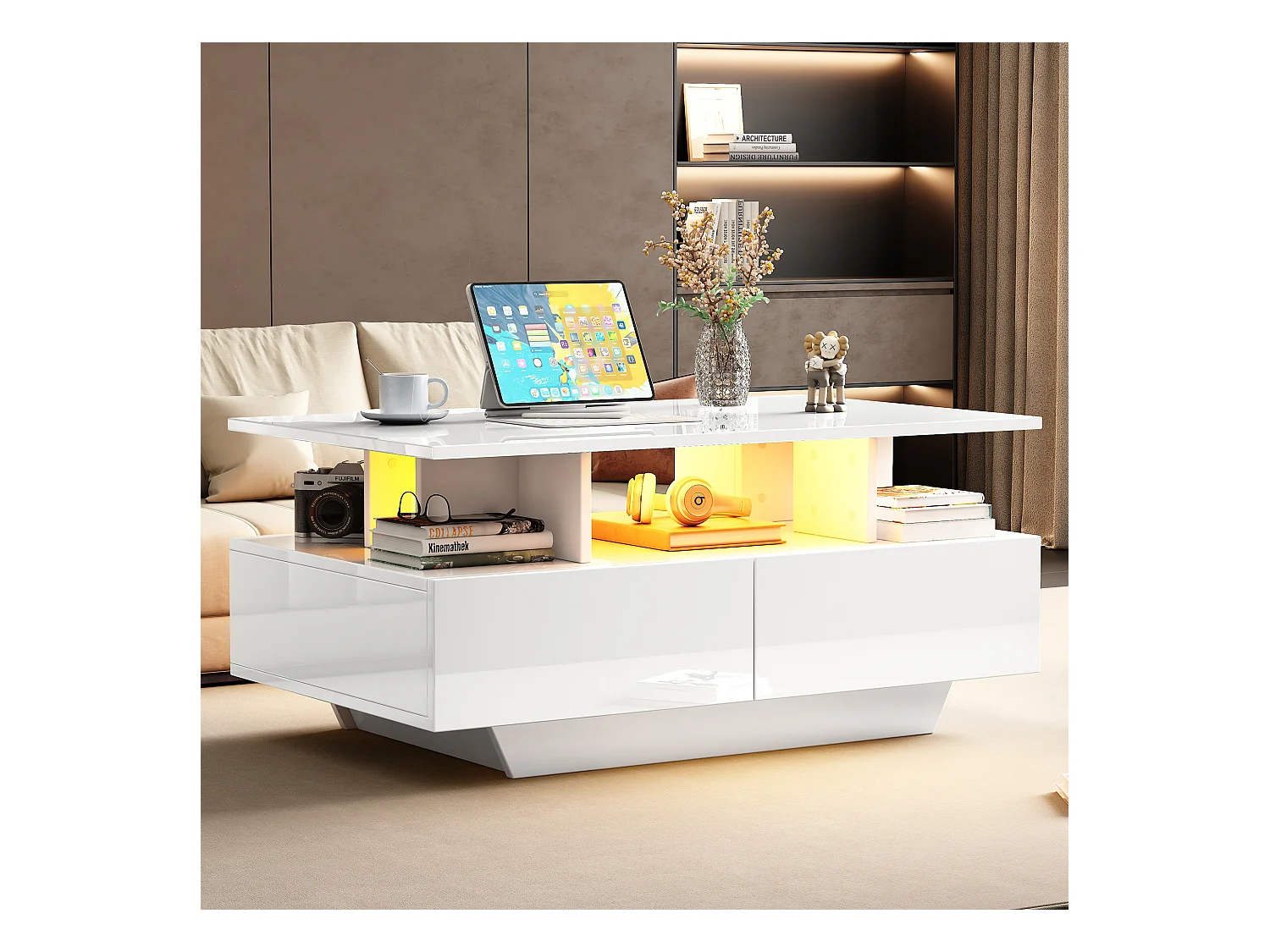 Table basse moderne haute brillance avec LED et 2 tiroirs, 90×55×41 cm, espace de rangement, capacité max 30 kg, design stylé.