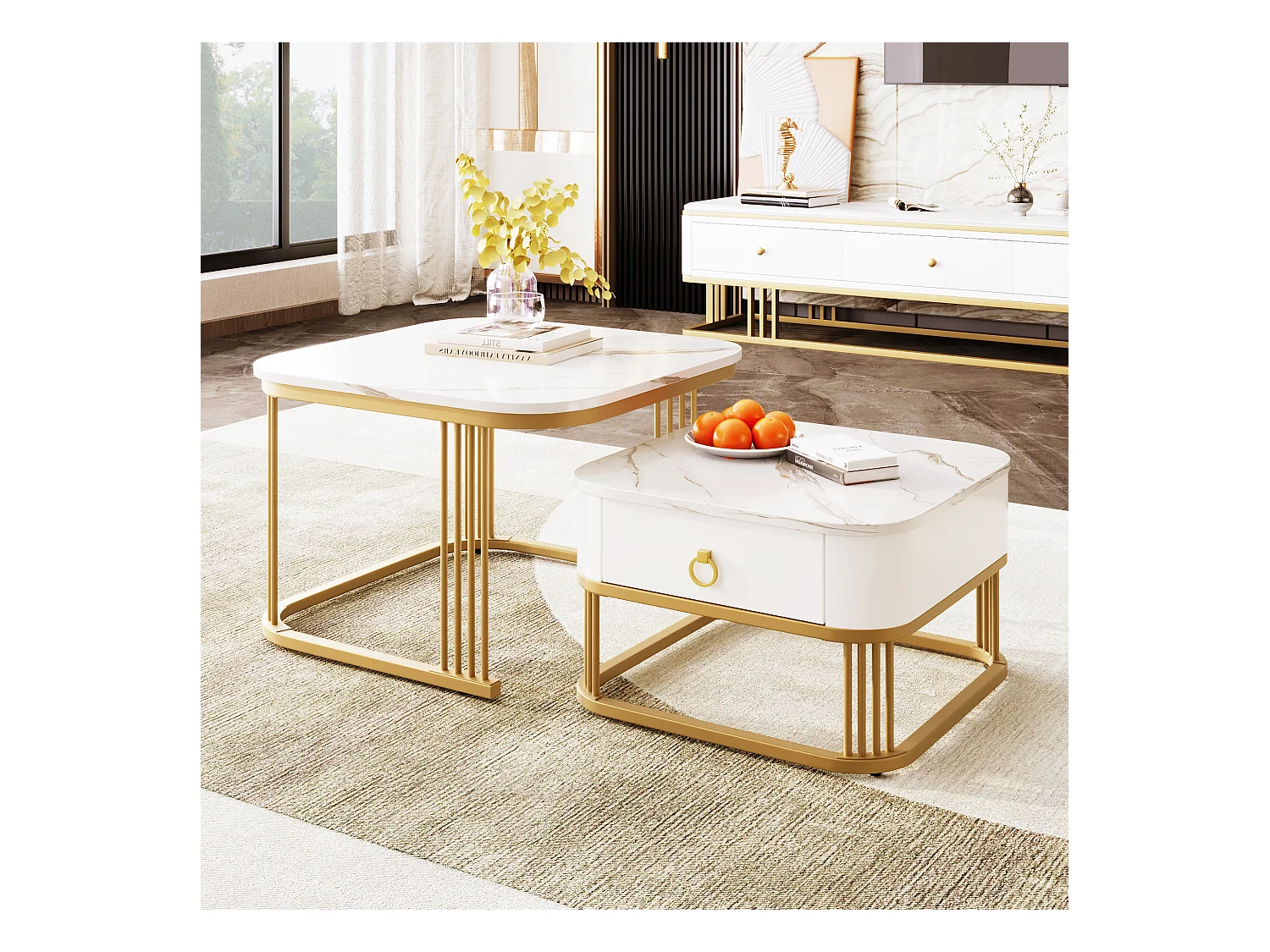 Table basse empilable 2 pièces, effet marbre brillant, accents dorés, tiroirs