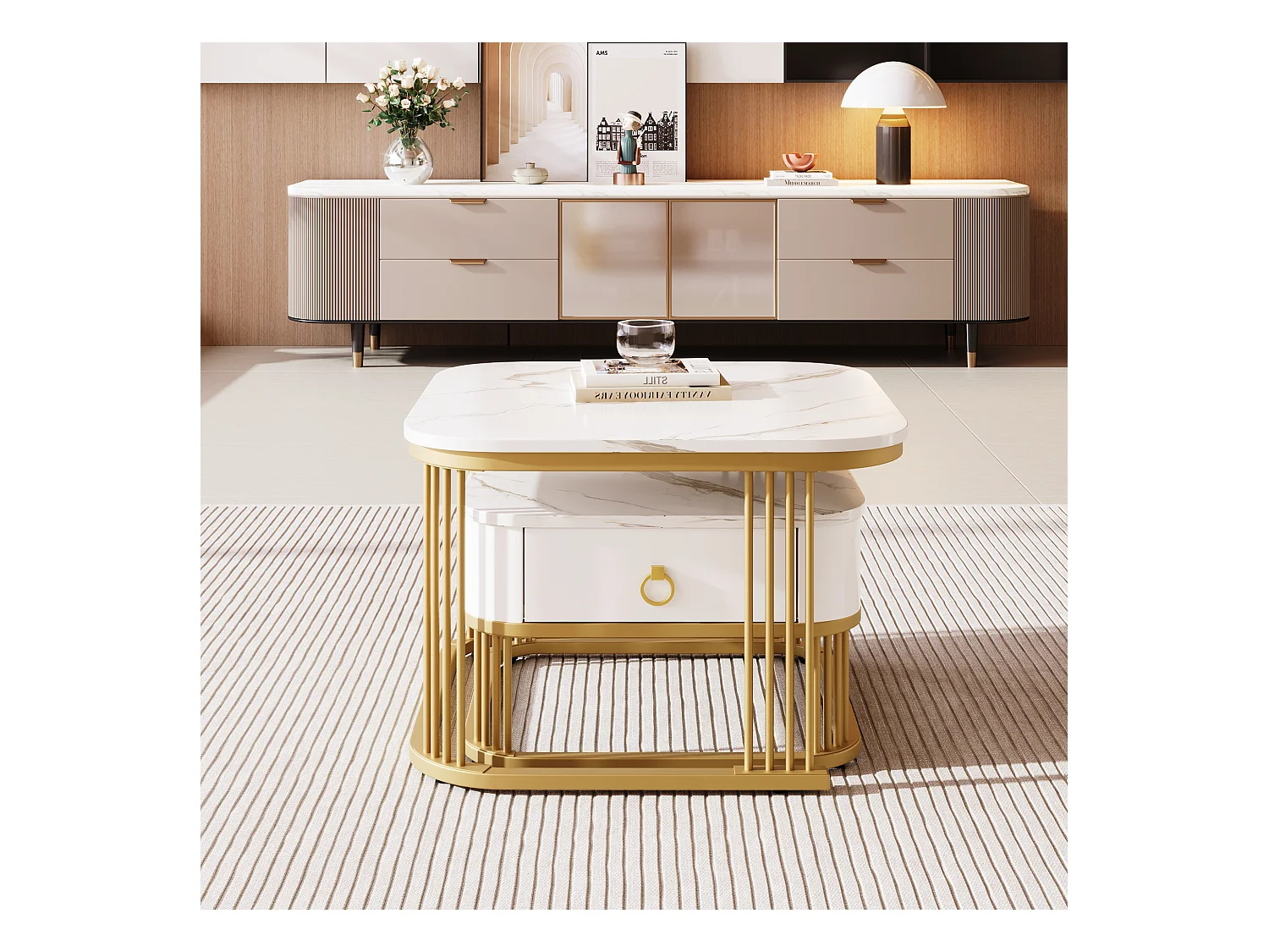 Table basse empilable 2 pièces, effet marbre brillant, accents dorés, tiroirs