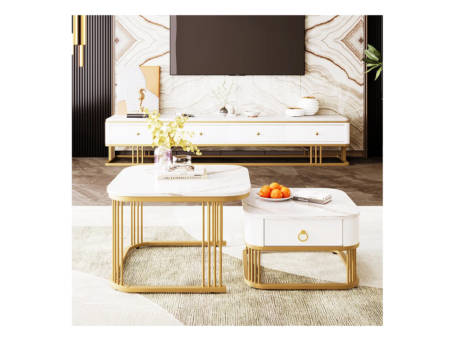 Table basse empilable 2 pièces, effet marbre brillant, accents dorés, tiroirs