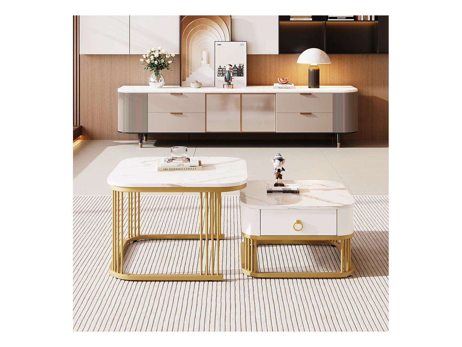 Table basse empilable 2 pièces, effet marbre brillant, accents dorés, tiroirs