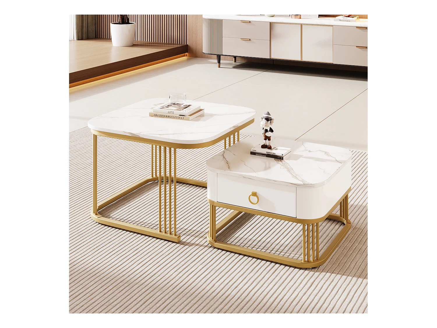 Table basse empilable 2 pièces, effet marbre brillant, accents dorés, tiroirs