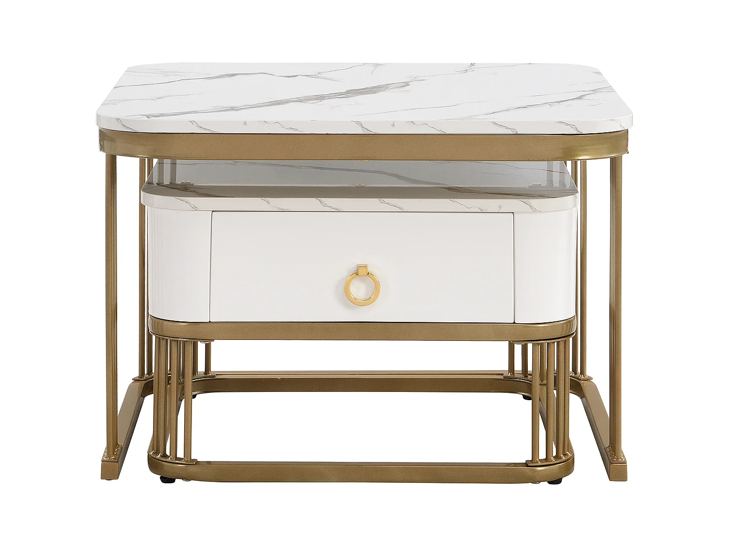 Table basse empilable 2 pièces, effet marbre brillant, accents dorés, tiroirs