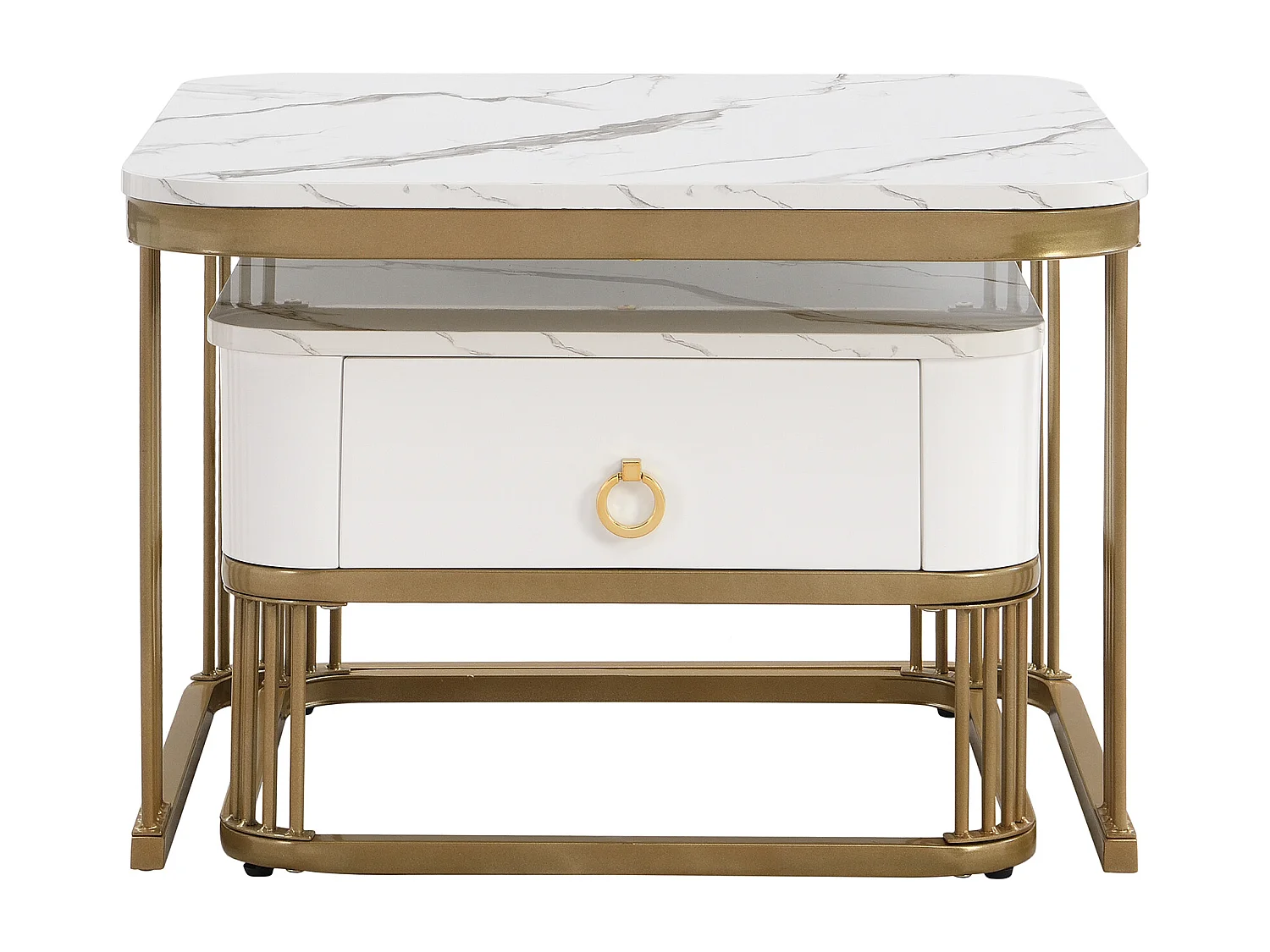 Table basse empilable 2 pièces, effet marbre brillant, accents dorés, tiroirs
