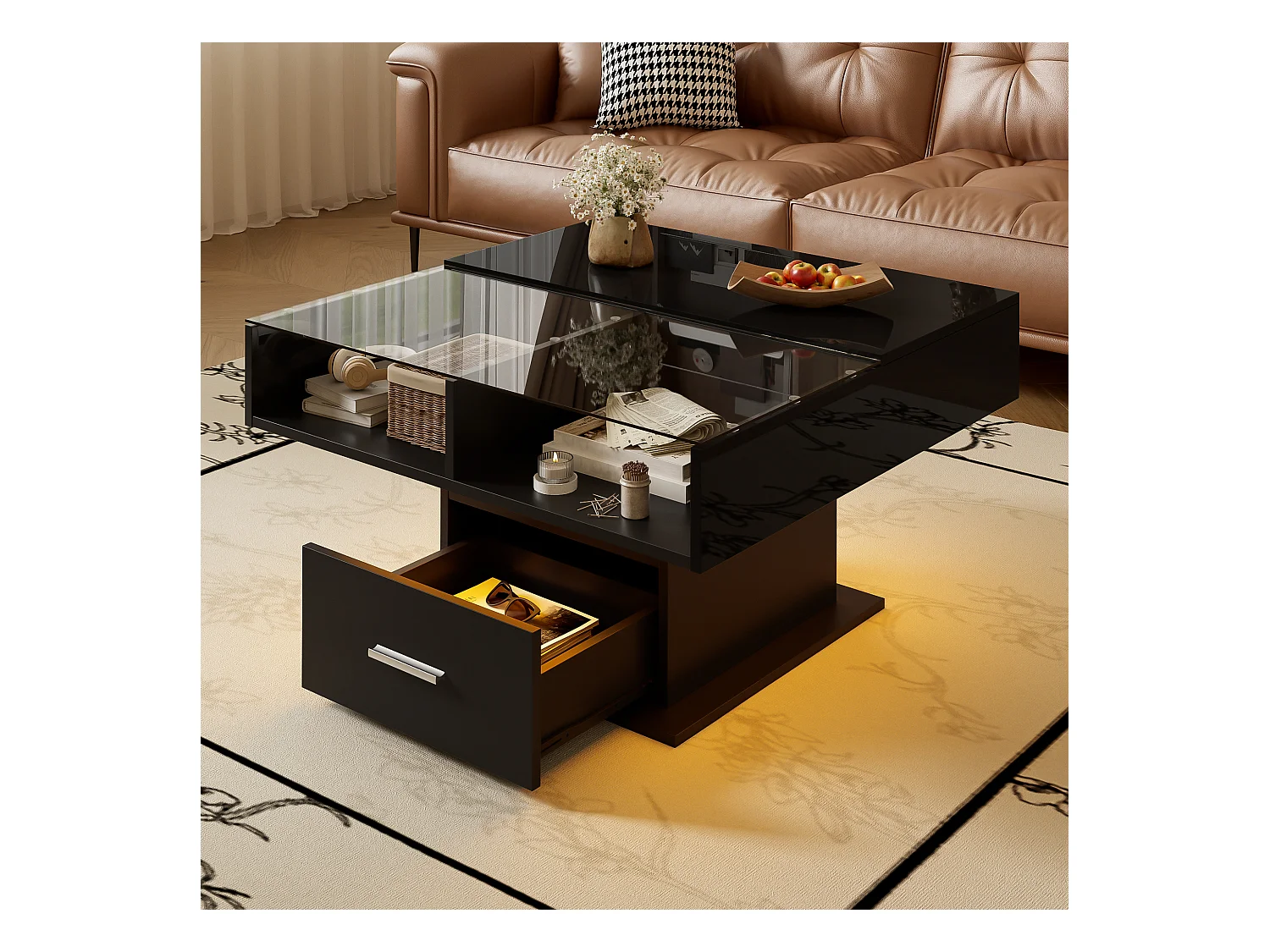 Table basse relevable brillante avec LED, hauteur réglable et rangement flexible – design moderne pour salon et bureau
