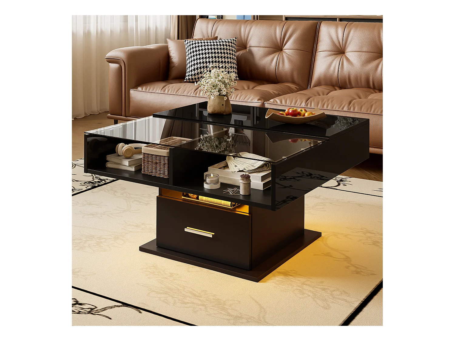 Table basse relevable brillante avec LED, hauteur réglable et rangement flexible – design moderne pour salon et bureau