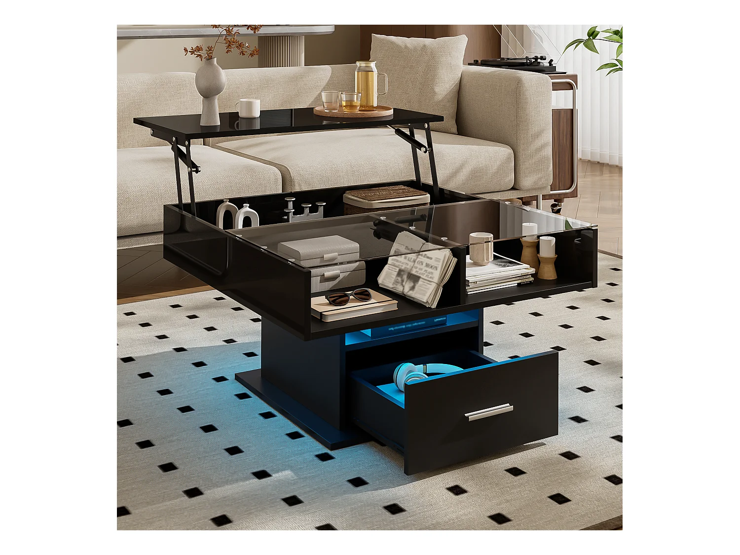 Table basse relevable brillante avec LED, hauteur réglable et rangement flexible – design moderne pour salon et bureau