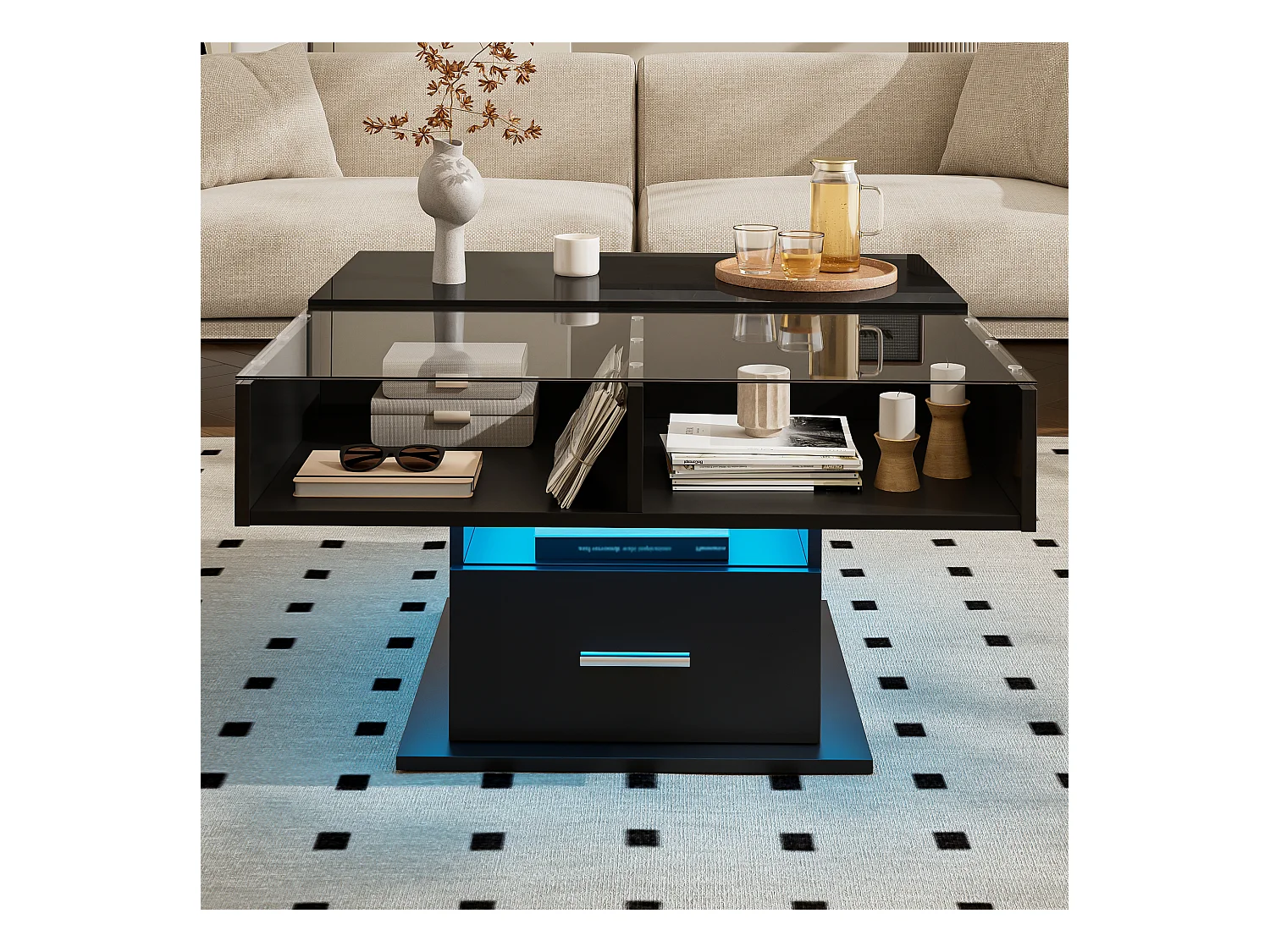 Table basse relevable brillante avec LED, hauteur réglable et rangement flexible – design moderne pour salon et bureau