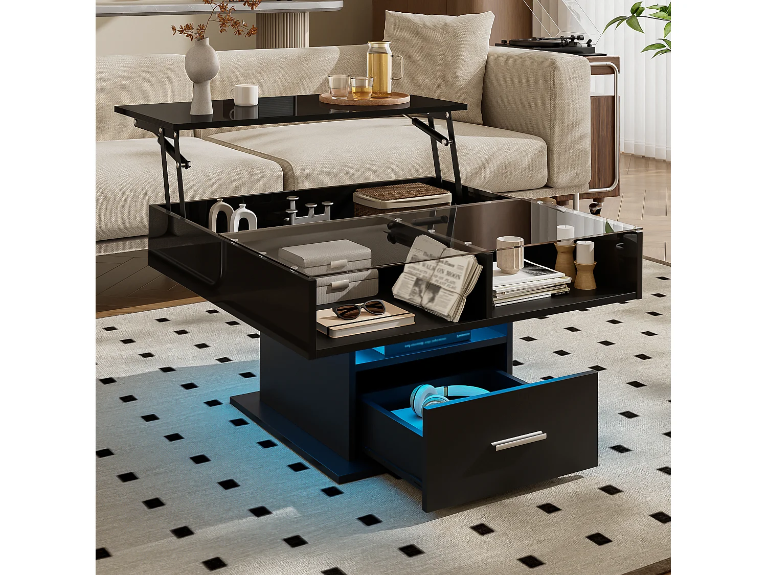 Table basse relevable brillante avec LED, hauteur réglable et rangement flexible – design moderne pour salon et bureau