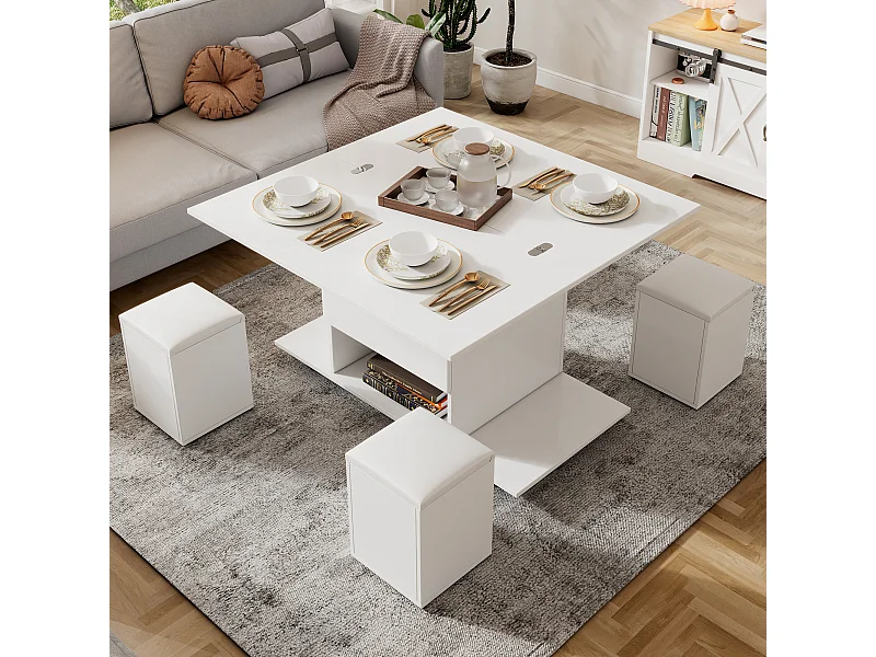 Table basse multifonction réglable en hauteur, plateau déployable en 2 tables, blanc, grande capacité, idéale pour salon, bureau ou repas.