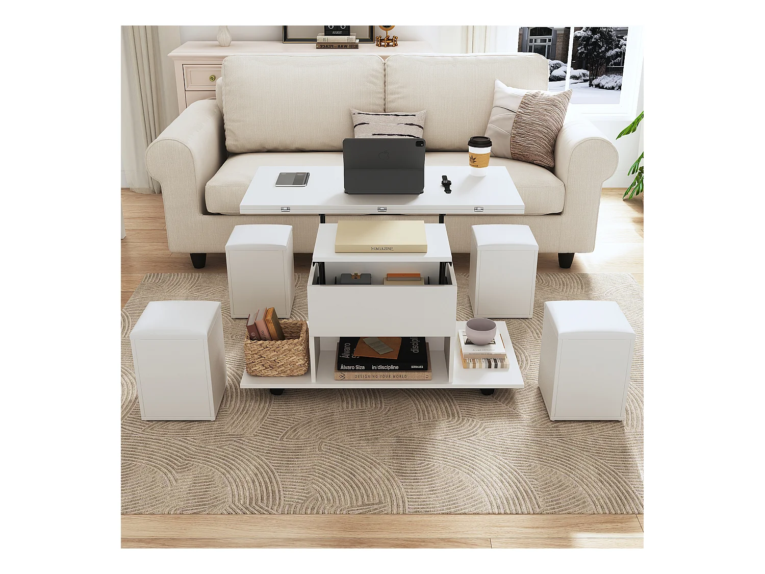 Table basse multifonction réglable en hauteur, plateau déployable en 2 tables, blanc, grande capacité, idéale pour salon, bureau ou repas.