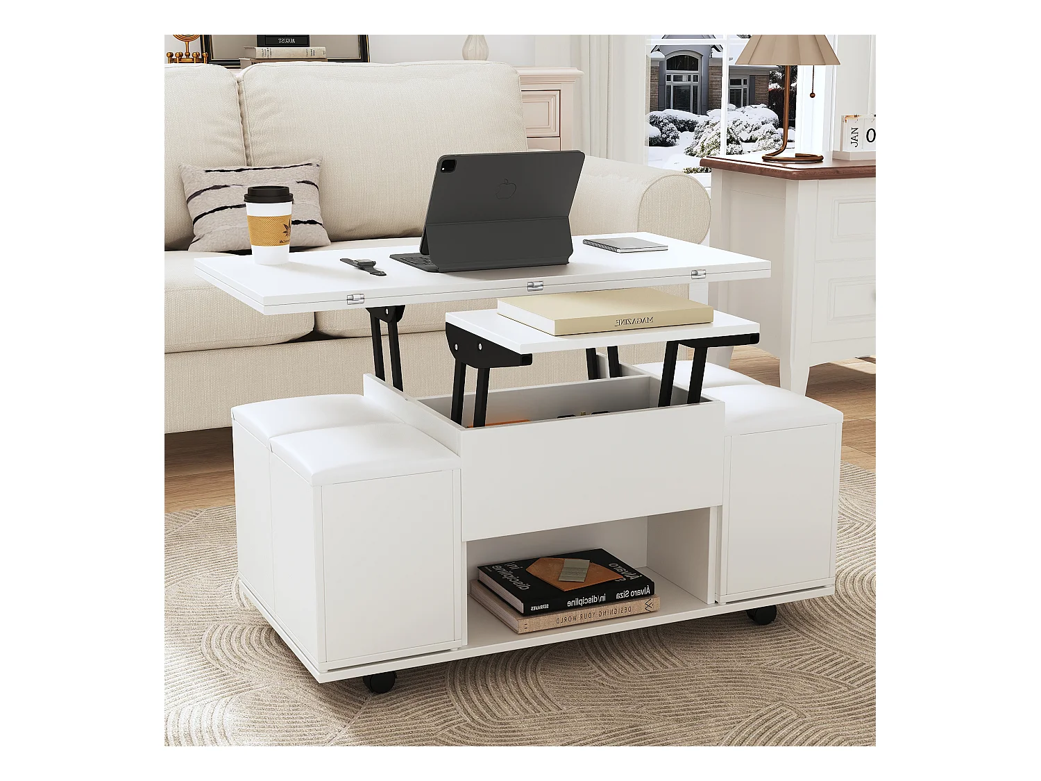 Table basse multifonction réglable en hauteur, plateau déployable en 2 tables, blanc, grande capacité, idéale pour salon, bureau ou repas.