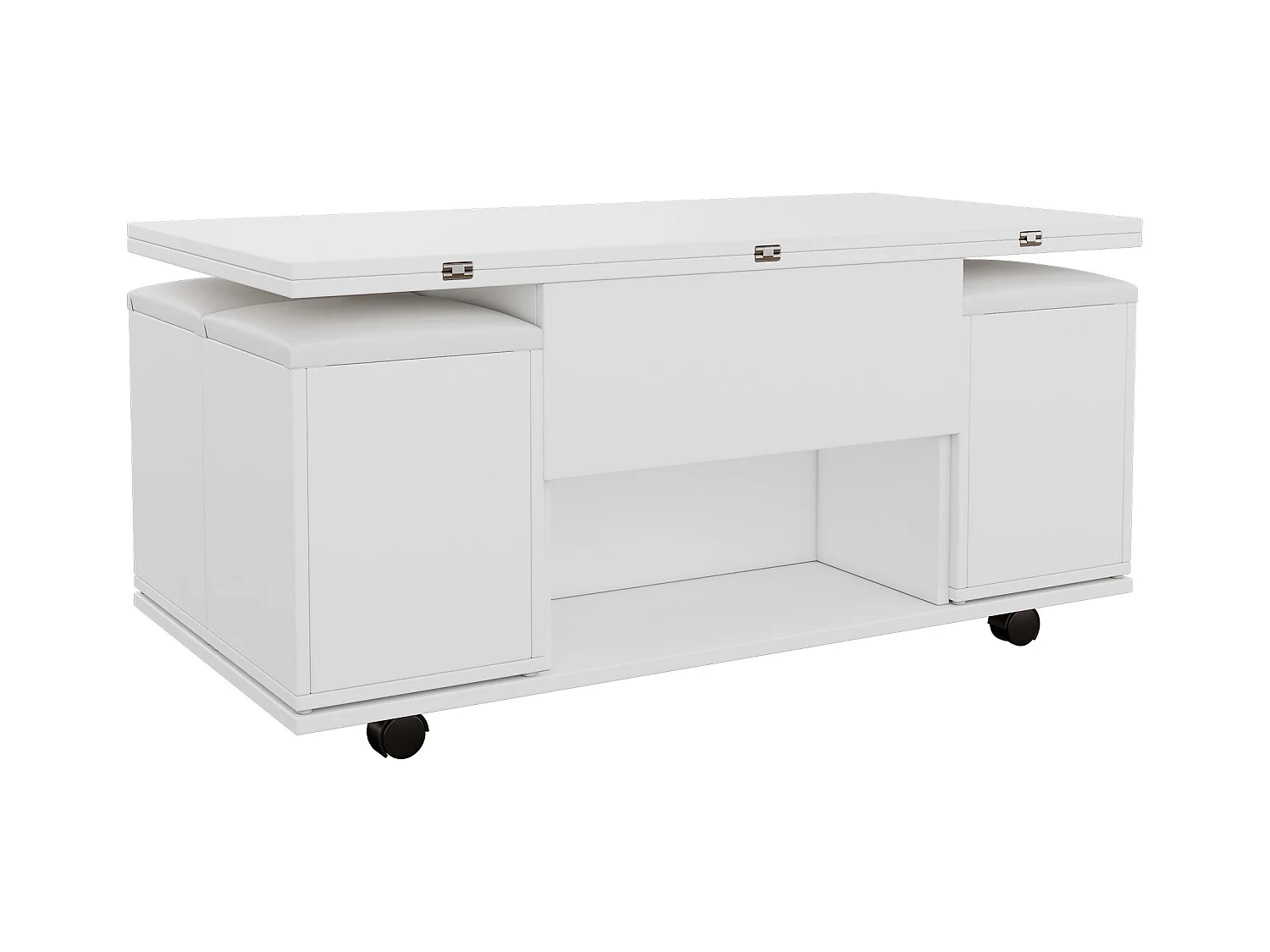 Table basse multifonction réglable en hauteur, plateau déployable en 2 tables, blanc, grande capacité, idéale pour salon, bureau ou repas.
