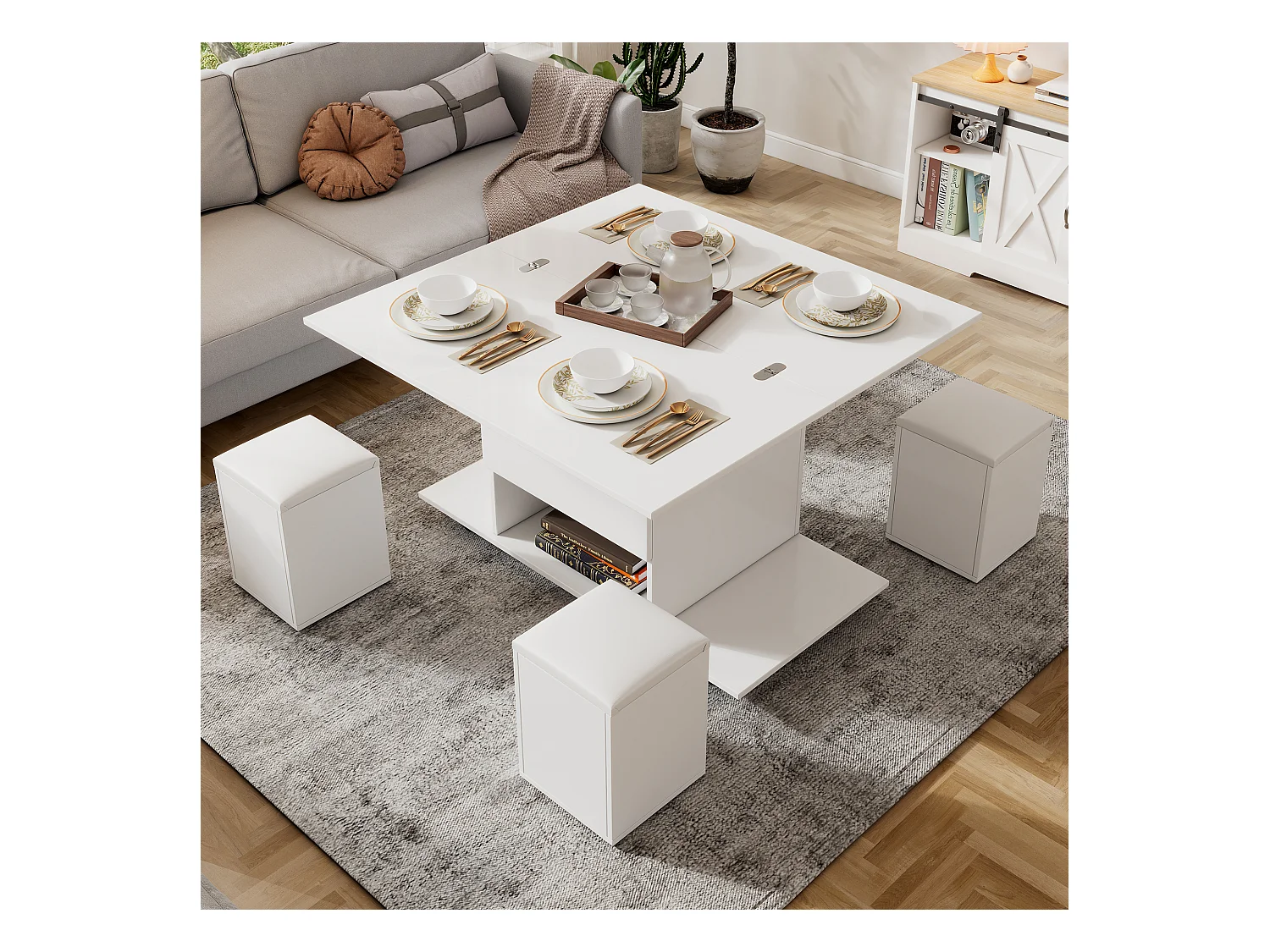 Table basse multifonction réglable en hauteur, plateau déployable en 2 tables, blanc, grande capacité, idéale pour salon, bureau ou repas.