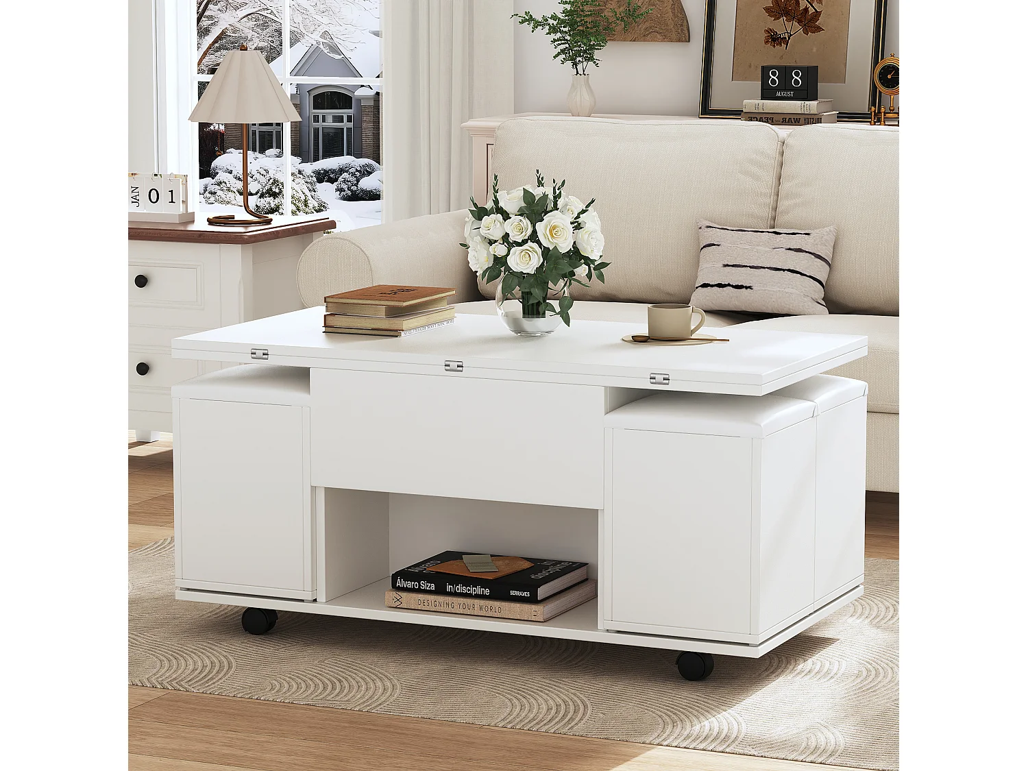 Table basse multifonction réglable en hauteur, plateau déployable en 2 tables, blanc, grande capacité, idéale pour salon, bureau ou repas.