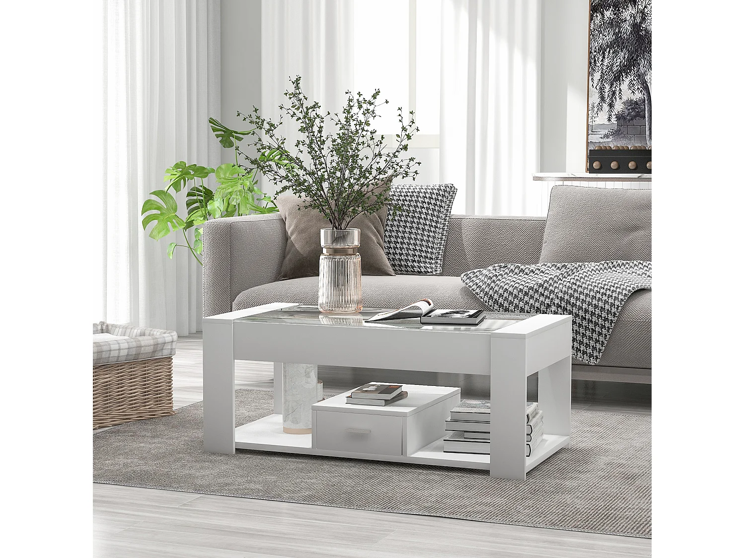 Table basse de salon avec plateau en verre, compartiments et espace de rangement, blanc
