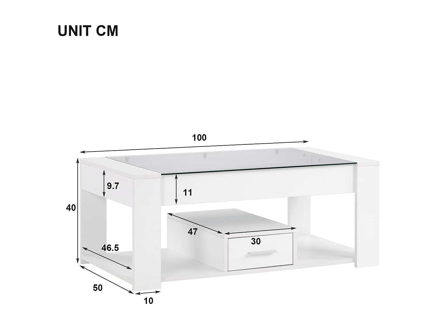 Table basse de salon avec plateau en verre, compartiments et espace de rangement, blanc