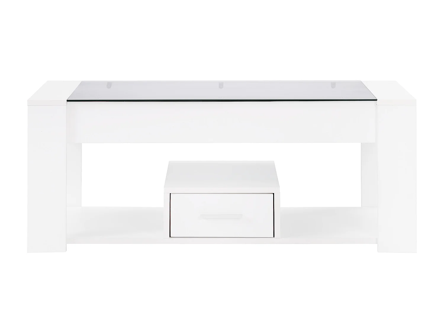 Table basse de salon avec plateau en verre, compartiments et espace de rangement, blanc