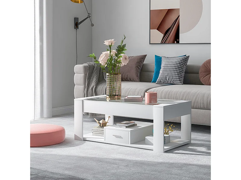 Table basse de salon avec plateau en verre, compartiments et espace de rangement, blanc