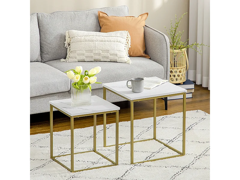 Lot de 2 tables basses gigognes, tables d’appoint en acier pour salon & chambre, coloris blanc