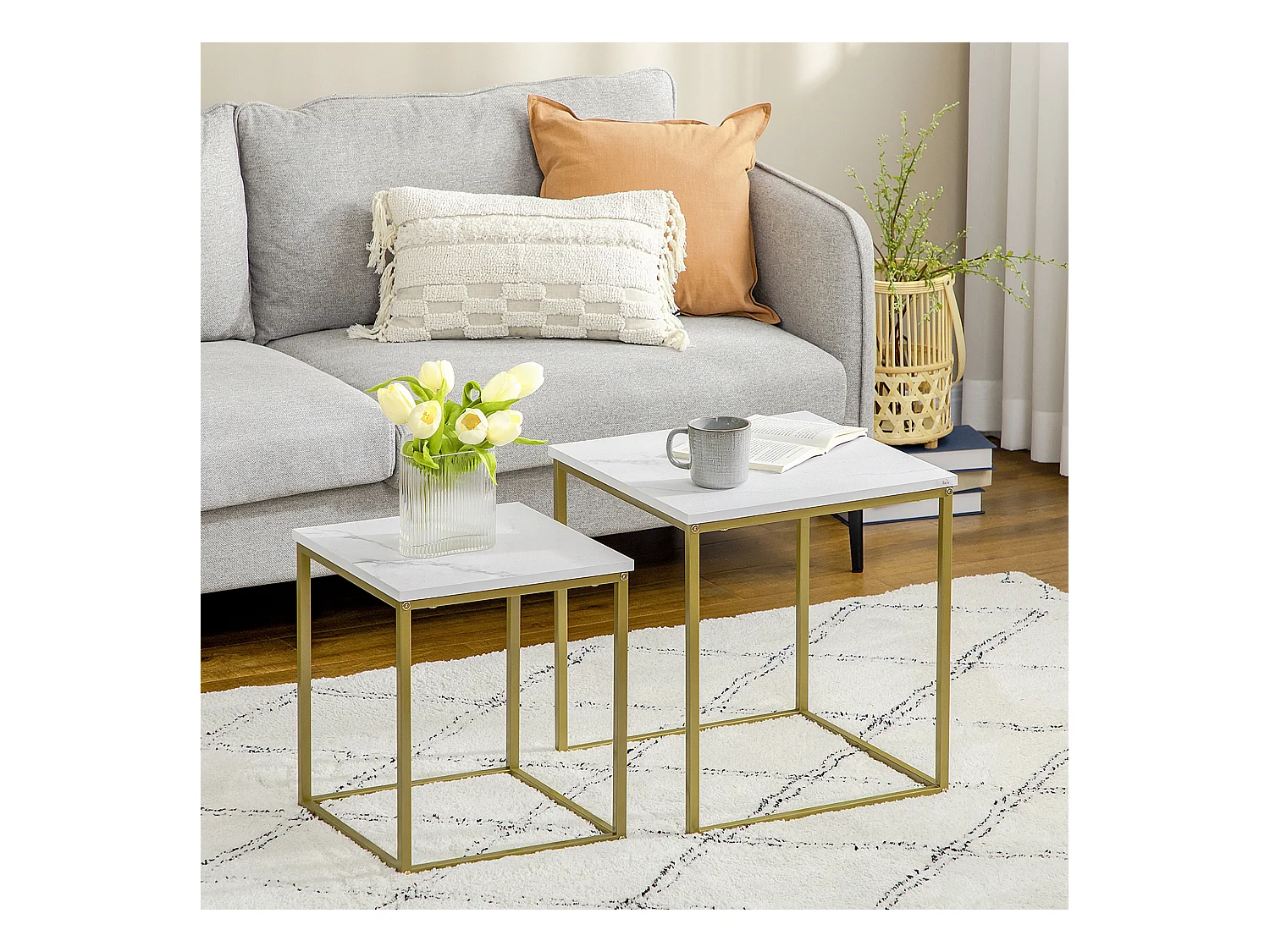 Lot de 2 tables basses gigognes, tables d’appoint en acier pour salon & chambre, coloris blanc