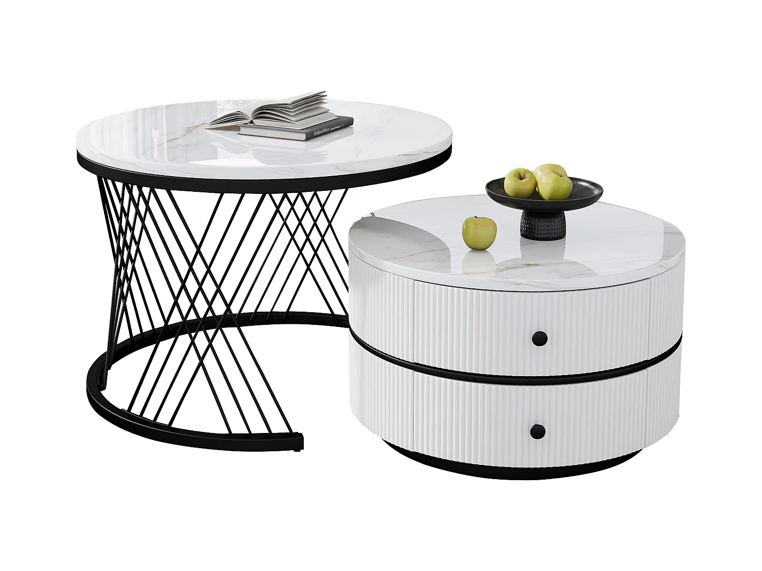 Set de tables basses empilables 2 pièces, design élégant, finition effet marbre brillant, 2 tiroirs, capacité de charge jusqu'à 30 kg