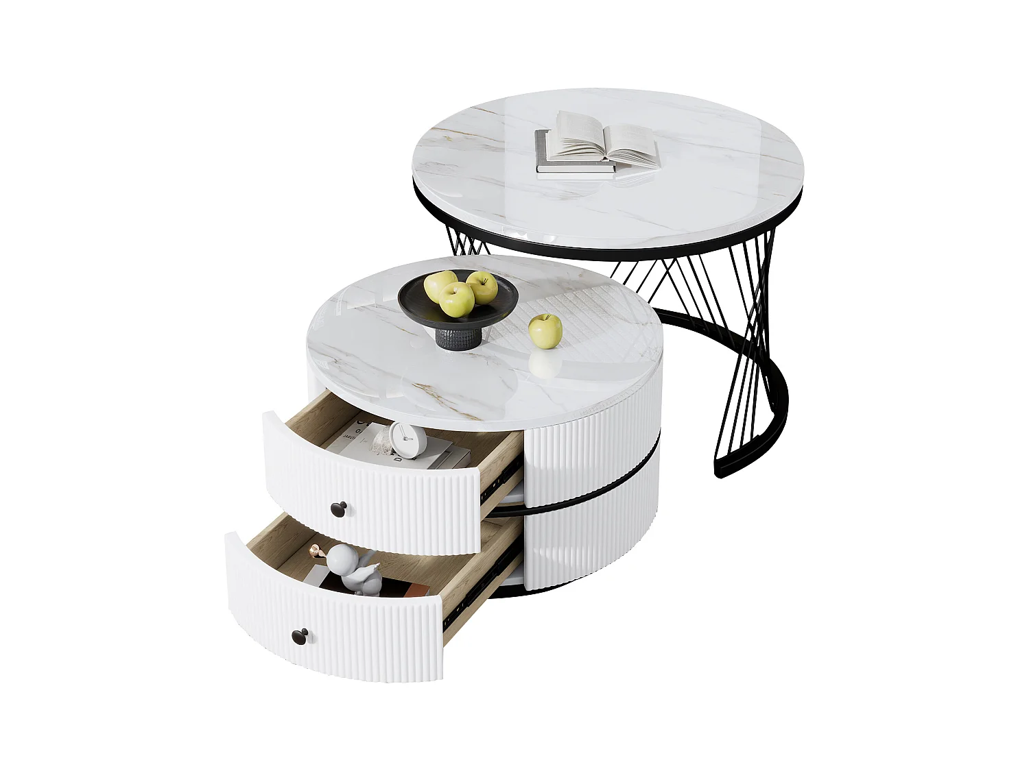 Set de tables basses empilables 2 pièces, design élégant, finition effet marbre brillant, 2 tiroirs, capacité de charge jusqu'à 30 kg