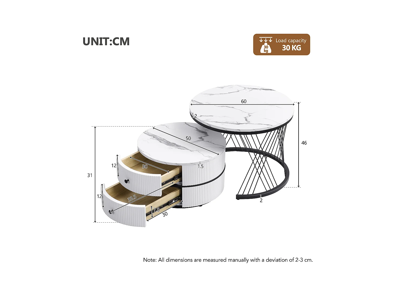 Set de tables basses empilables 2 pièces, design élégant, finition effet marbre brillant, 2 tiroirs, capacité de charge jusqu'à 30 kg