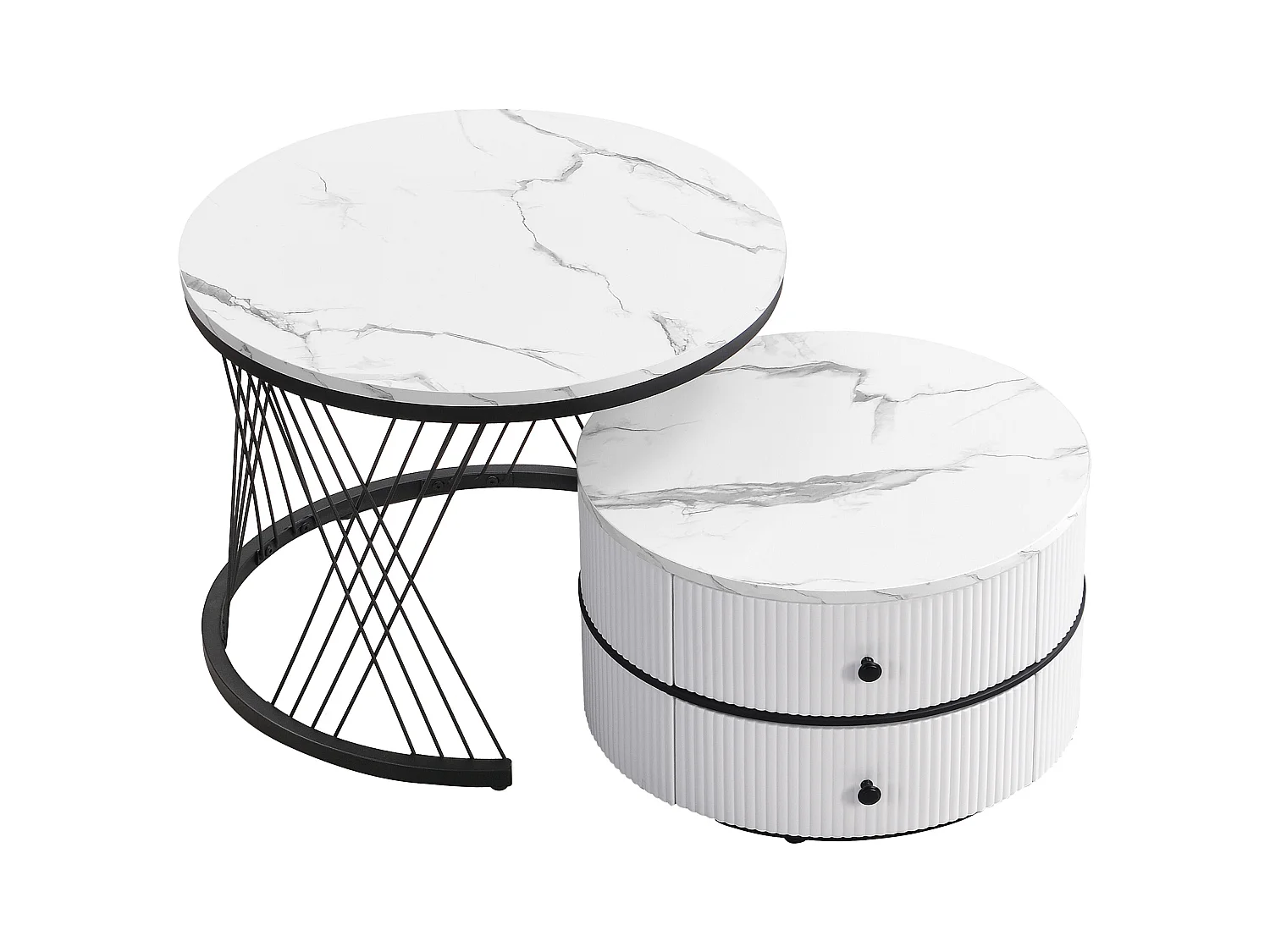 Set de tables basses empilables 2 pièces, design élégant, finition effet marbre brillant, 2 tiroirs, capacité de charge jusqu'à 30 kg