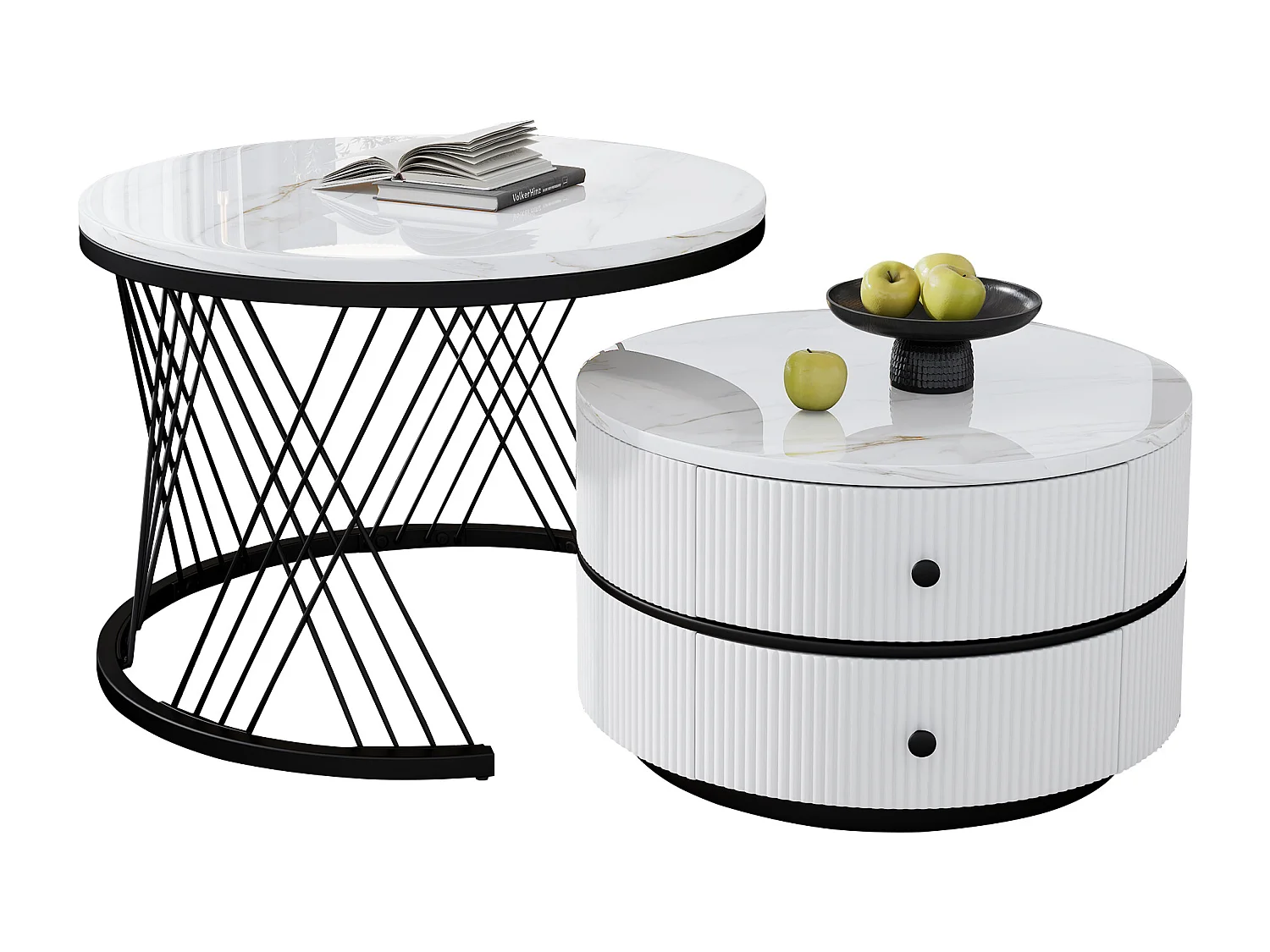 Set de tables basses empilables 2 pièces, design élégant, finition effet marbre brillant, 2 tiroirs, capacité de charge jusqu'à 30 kg