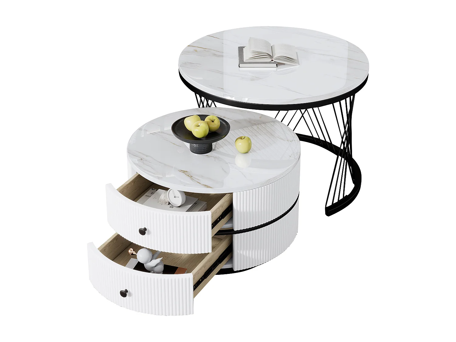 Set de tables basses empilables 2 pièces, design élégant, finition effet marbre brillant, 2 tiroirs, capacité de charge jusqu'à 30 kg