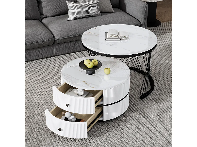 Set de tables basses empilables 2 pièces, design élégant, finition effet marbre brillant, 2 tiroirs, capacité de charge jusqu'à 30 kg