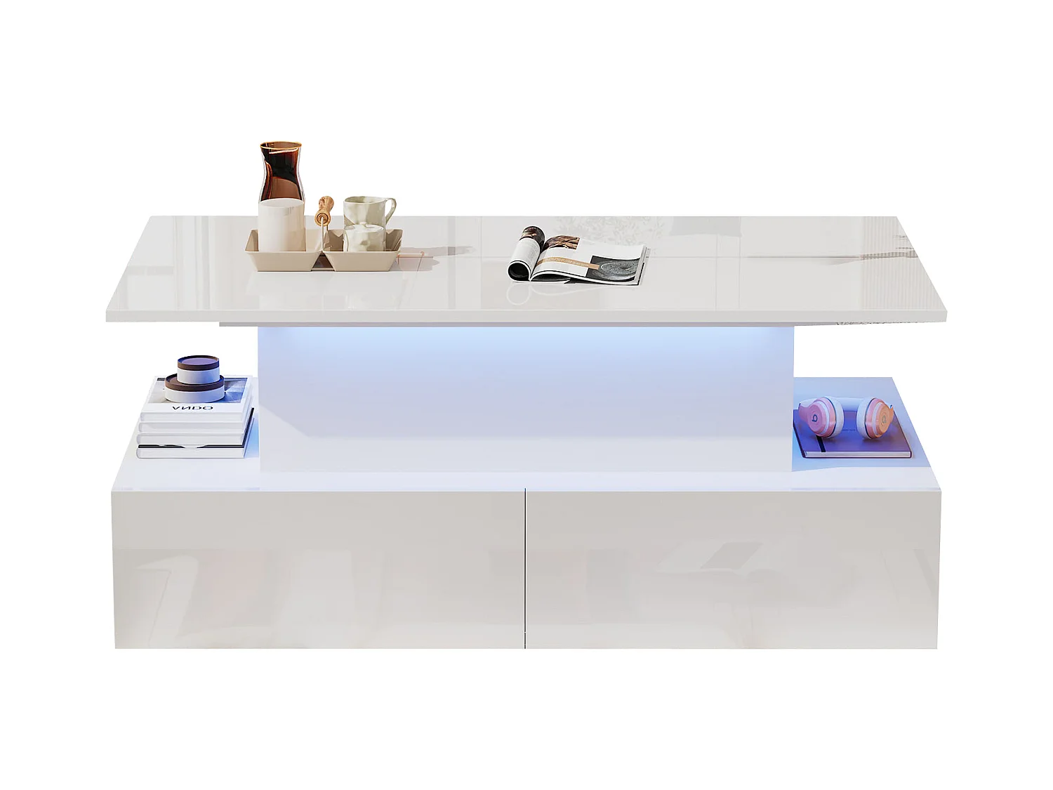 Table basse moderne Noir haute brillance avec LED et 4 tiroirs, 90×55×41 cm, espace de rangement, capacité max 30 kg.