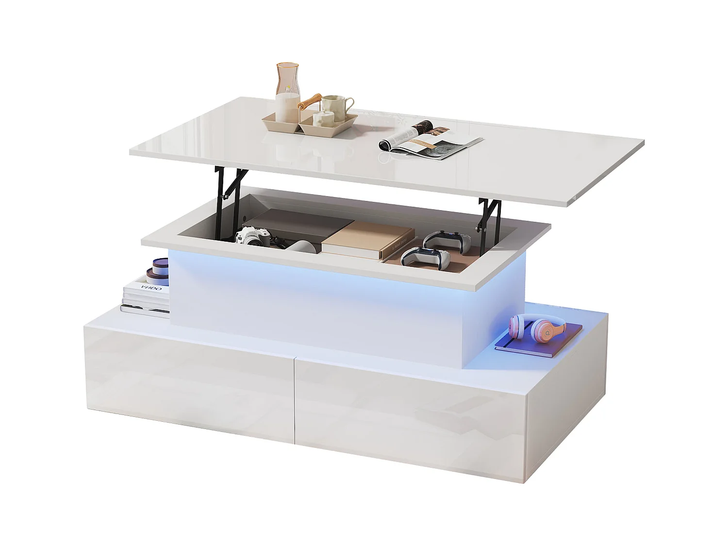Table basse moderne Noir haute brillance avec LED et 4 tiroirs, 90×55×41 cm, espace de rangement, capacité max 30 kg.