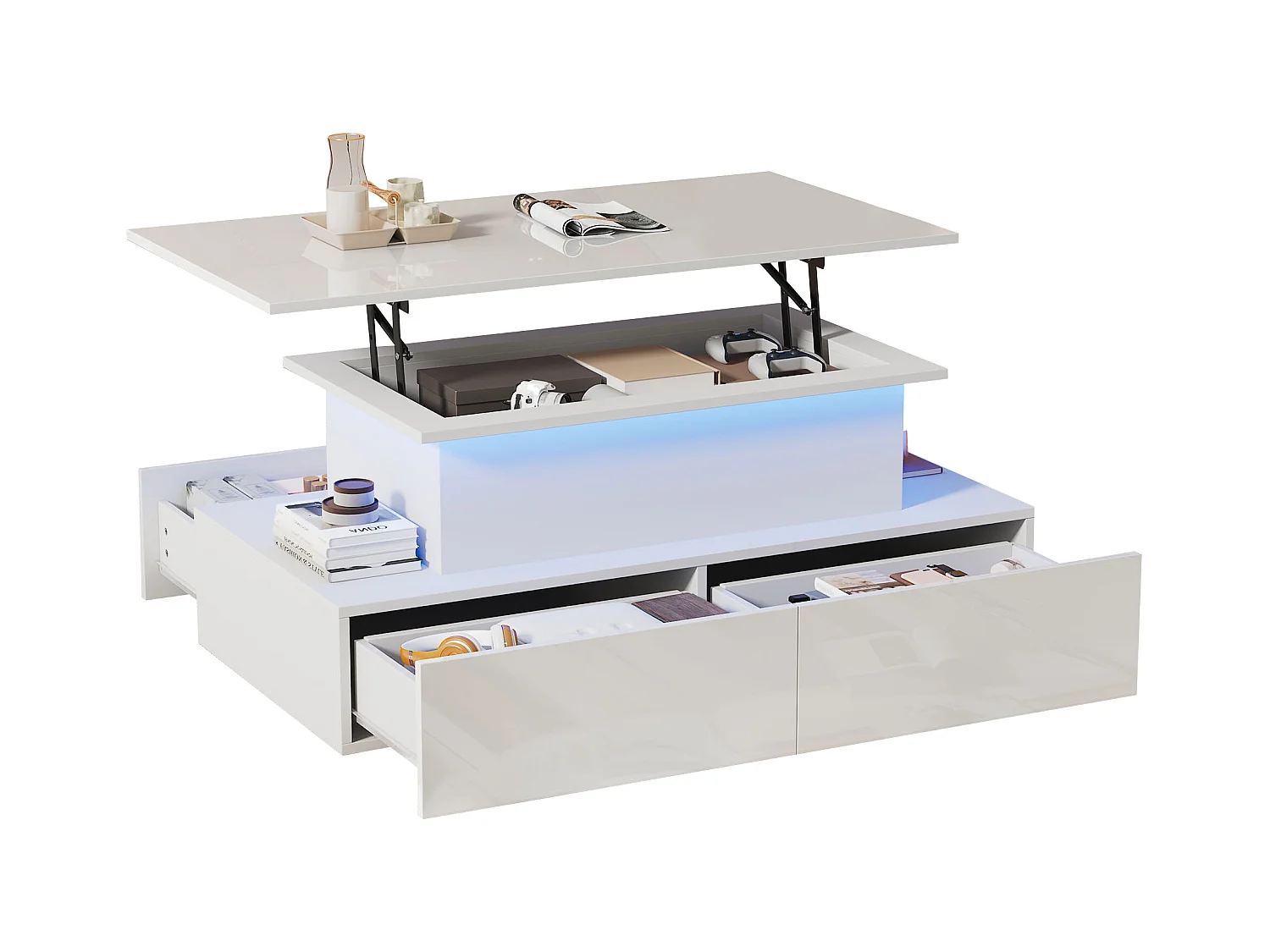 Table basse moderne Noir haute brillance avec LED et 4 tiroirs, 90×55×41 cm, espace de rangement, capacité max 30 kg.