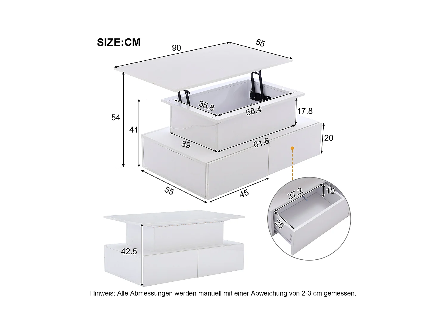 Table basse moderne Noir haute brillance avec LED et 4 tiroirs, 90×55×41 cm, espace de rangement, capacité max 30 kg.