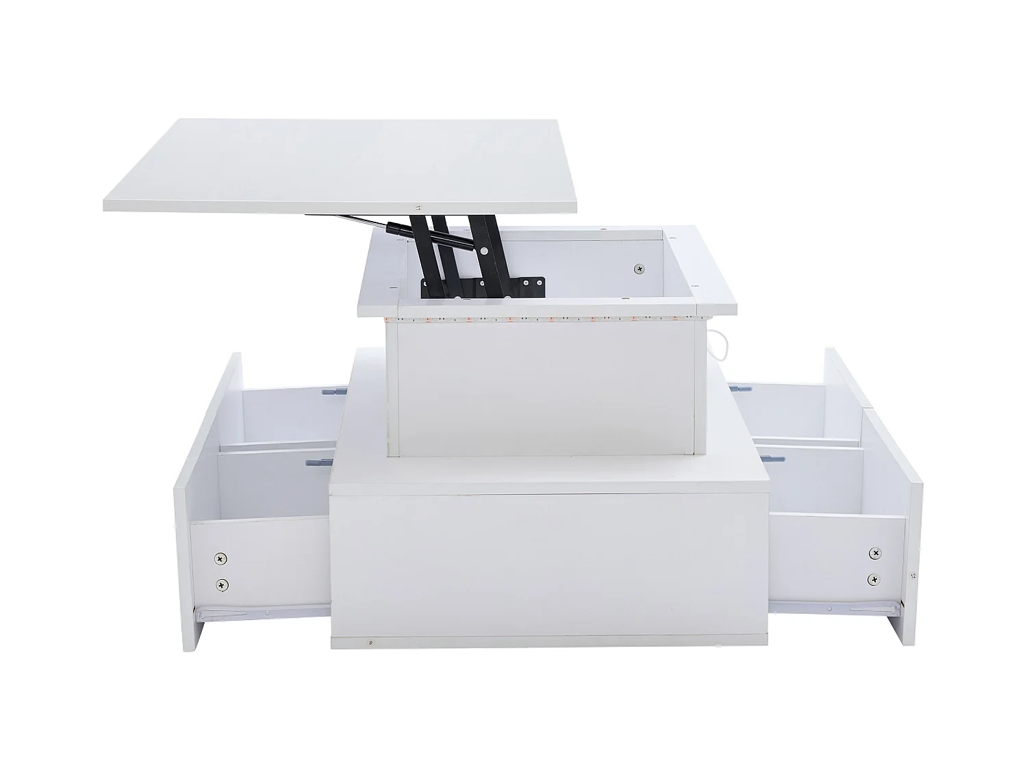 Table basse moderne Noir haute brillance avec LED et 4 tiroirs, 90×55×41 cm, espace de rangement, capacité max 30 kg.