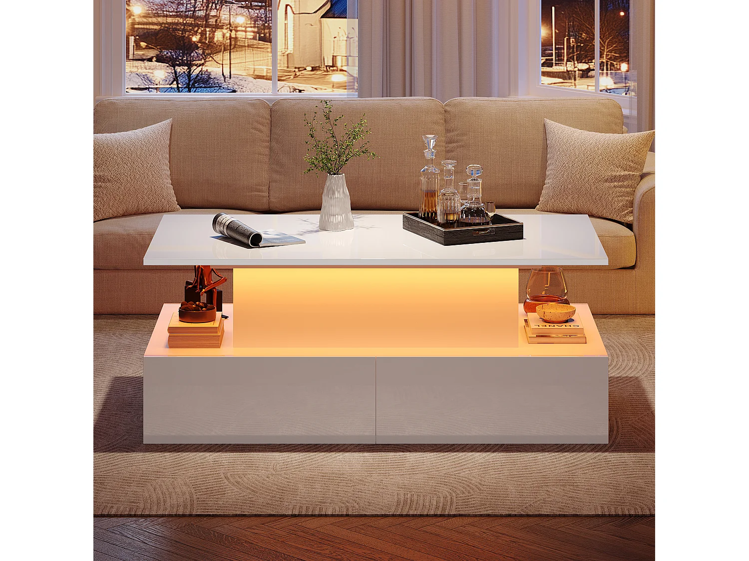 Table basse moderne Noir haute brillance avec LED et 4 tiroirs, 90×55×41 cm, espace de rangement, capacité max 30 kg.