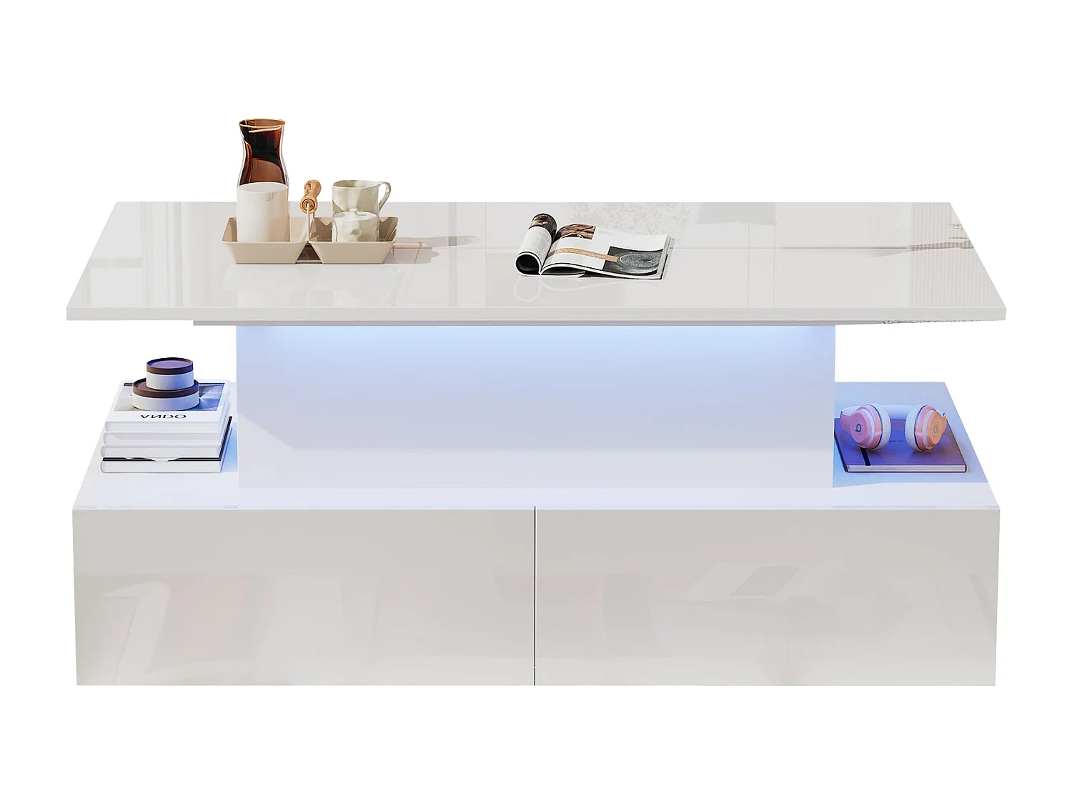 Table basse moderne Noir haute brillance avec LED et 4 tiroirs, 90×55×41 cm, espace de rangement, capacité max 30 kg.