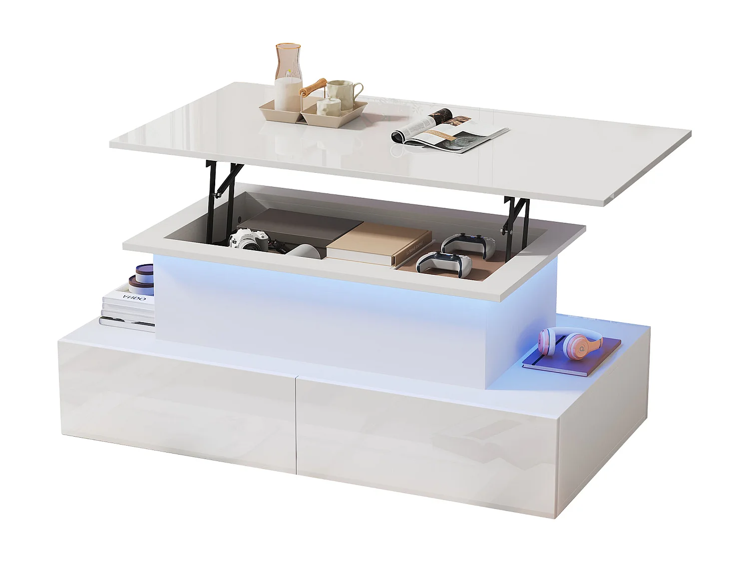 Table basse moderne Noir haute brillance avec LED et 4 tiroirs, 90×55×41 cm, espace de rangement, capacité max 30 kg.