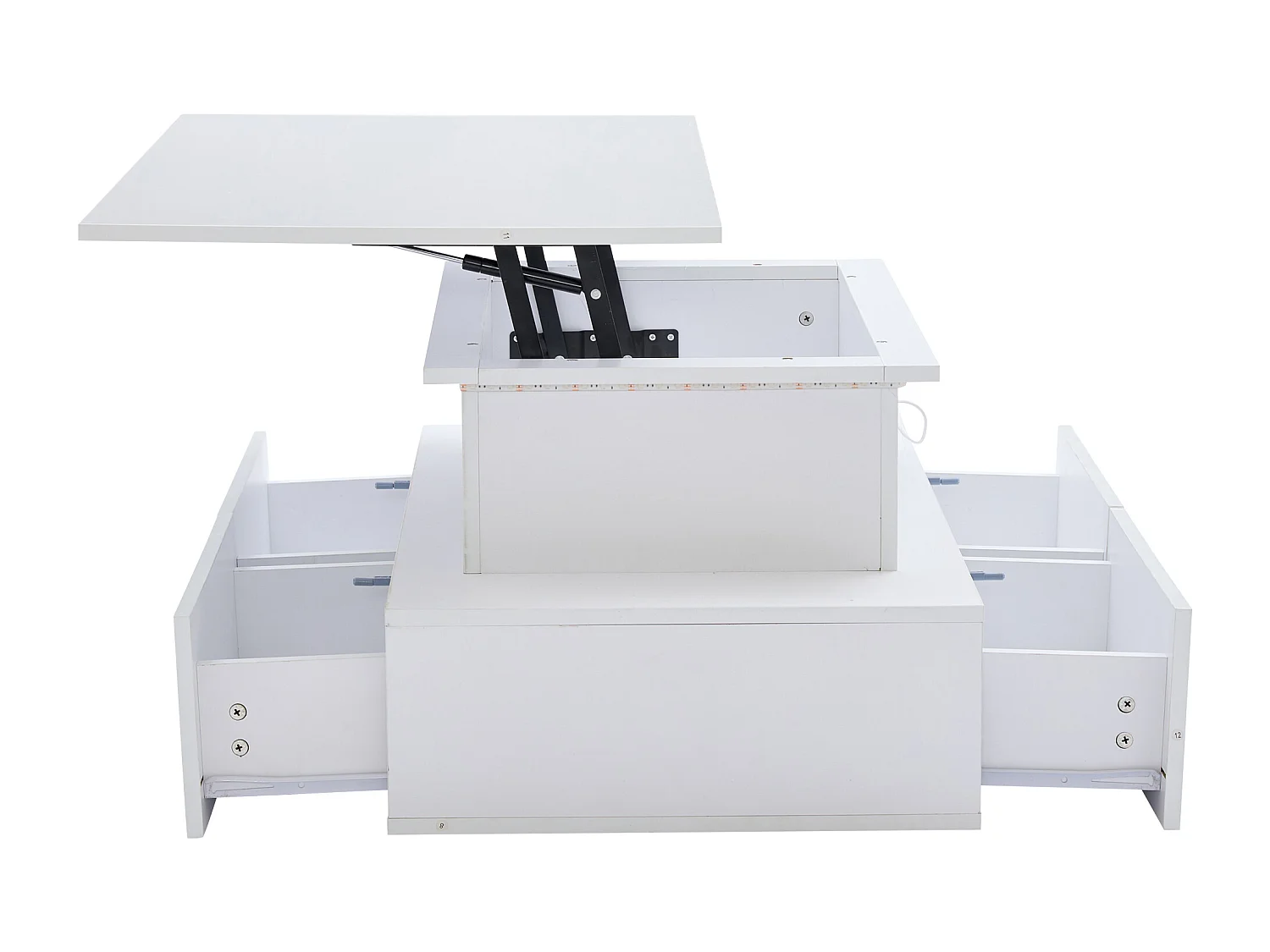 Table basse moderne Noir haute brillance avec LED et 4 tiroirs, 90×55×41 cm, espace de rangement, capacité max 30 kg.