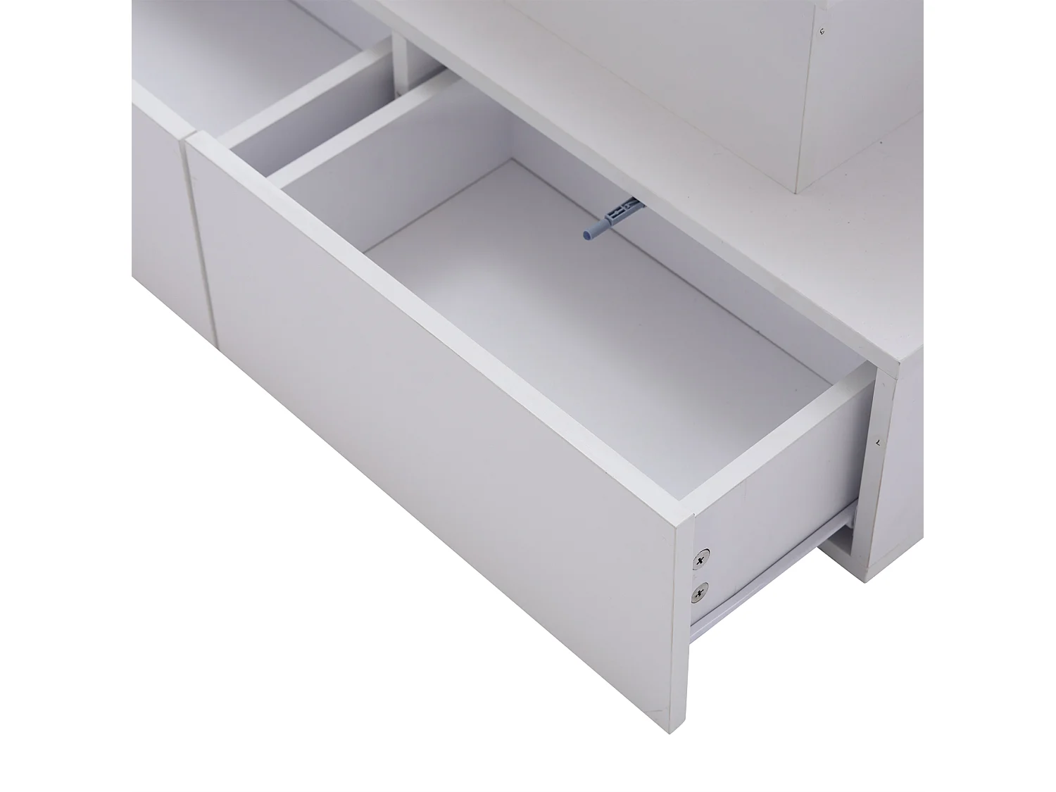 Table basse moderne Noir haute brillance avec LED et 4 tiroirs, 90×55×41 cm, espace de rangement, capacité max 30 kg.